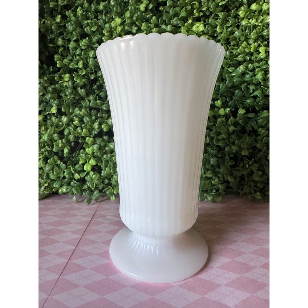 Vintage E O Brody Milk Glass Footed Fluted Ribbed Scalloped Rim Vase 7 3/4"